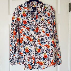 🌺 Jones New York Floral Satin Twill Button Down Utility Blouse Pockets